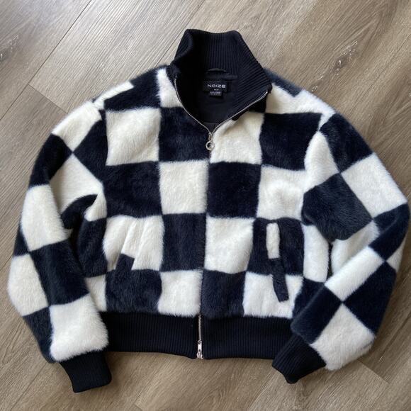 NOIZE Vegan Fur Jacket Women Sz XS Black & White Short Length Front Pockets - Picture 2 of 14